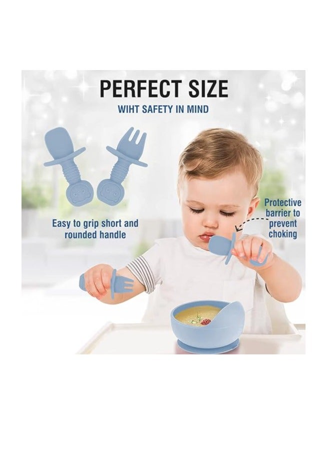 8 pieces Baby silicone feeding set/ Children's Cutlery & tableware set/ Portable, Travel friendly/ Non-toxic Food Grade Silicone/ Baby Feeding Set/ Safe & Reusable Utensils for toddlers and kids (8 Pieces/ Compartment Plate, Bowl, Short Fork & Spoon, Water Cup, Bib, Long Fork & Spoon)/ Blue