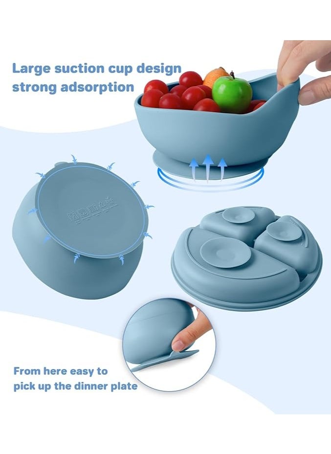 Generic 8 pieces Baby silicone feeding set/ Children's Cutlery & tableware set/ Portable, Travel friendly/ Non-toxic Food Grade Silicone/ Baby Feeding Set/ Safe & Reusable Utensils for toddlers and kids (8 Pieces/ Compartment Plate, Bowl, Short Fork & Spoon, Water Cup, Bib, Long Fork & Spoon)/ Blue  - Image 4