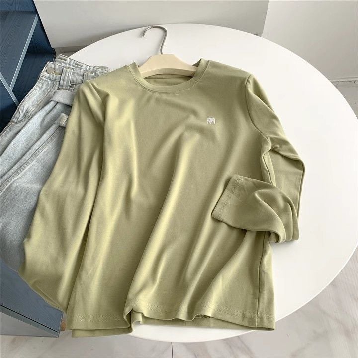 Double-Sided Velvet Sanding Elephant Embroidered Crewneck Long-Sleeved T-Shirt Women'S Loose White Thickened Base Shirt - Image 1