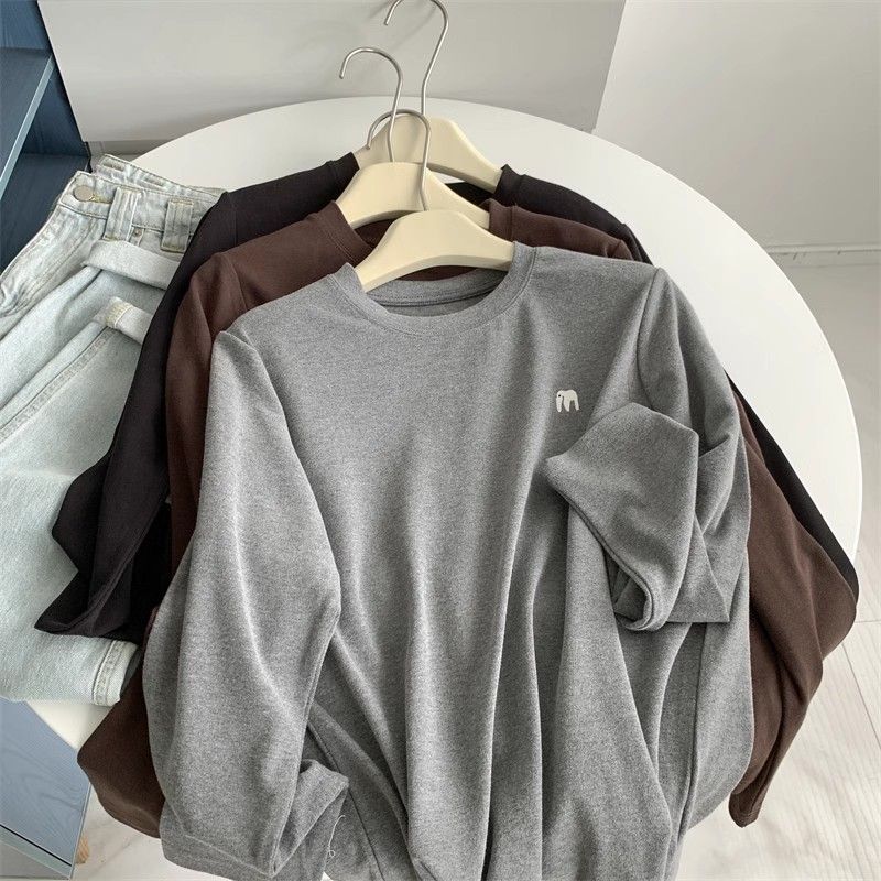 Double-Sided Velvet Sanding Elephant Embroidered Crewneck Long-Sleeved T-Shirt Women'S Loose White Thickened Base Shirt - Image 2