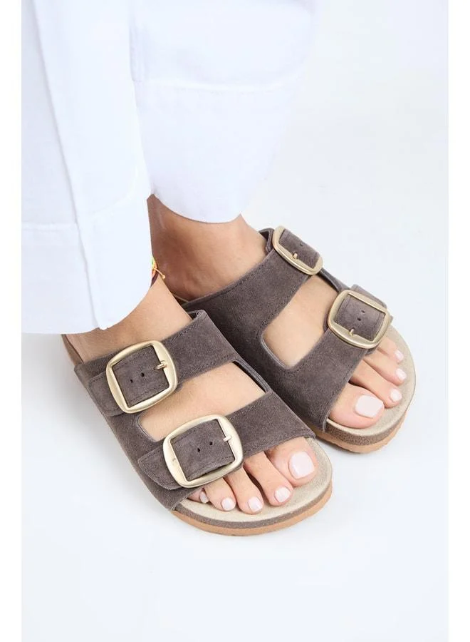 Irene Women's Genuine Leather Double strap Coffee-Gold Slipper
