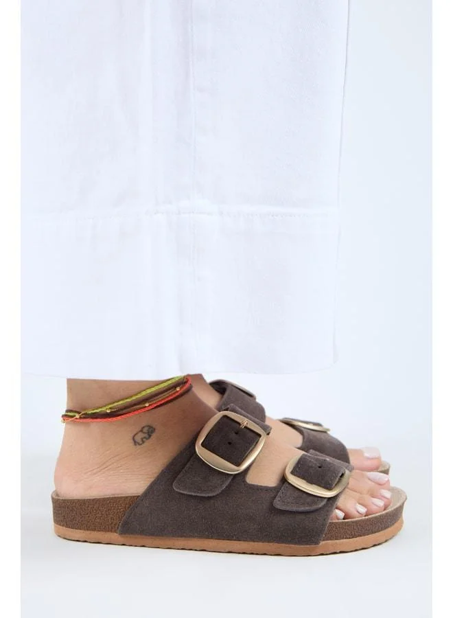 Manijero  Irene Women's Genuine Leather Double strap Coffee-Gold Slipper for Women | Best Price UAE