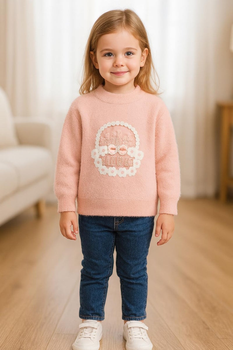 Bold N Elegant Girls Flower Basket Woolen Warm Party Kids Sweater Pullover | Soft Fuzzy Knit Pullover Sweater Winter Jumper for Baby Girls Upto 6 Years Peach - Image 2