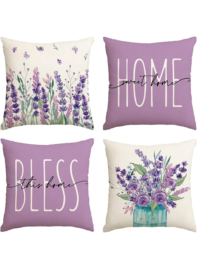 The Bros أغطية وسائد الربيع، أغطية وسائد لافندر بنفسجي 18x18 بوصة، زينة موسمية صيفية للكنبة، منزل جميل، مجموعة من 4 أغطية وسائد بوليستر - Image 1