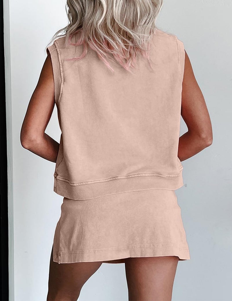 Ecosunny Women's Summer 2 Piece Sets Sweatsuits Casual Crewneck Sleeveless Matching Sets Trendy Skirt Shorts Lounge Outfits Smoke Gray M - Image 4