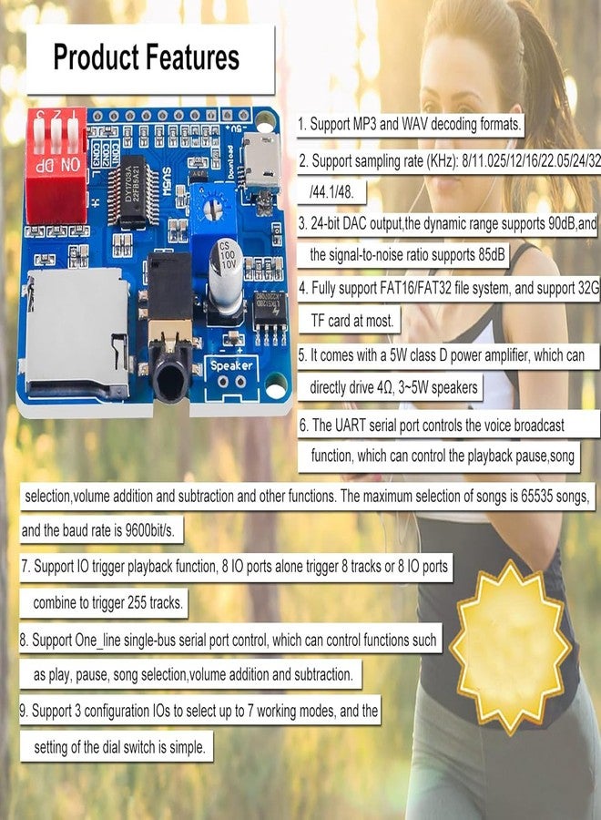 Diitao 2PCS Voice Playback Module,MP3 Player Music Voice Board IO Trigger UART Serial Adapter Control Playback Module Micro USB I/O Broadcast Function Amplifier Board Support SD/TF Card DY-SV5W - Image 3