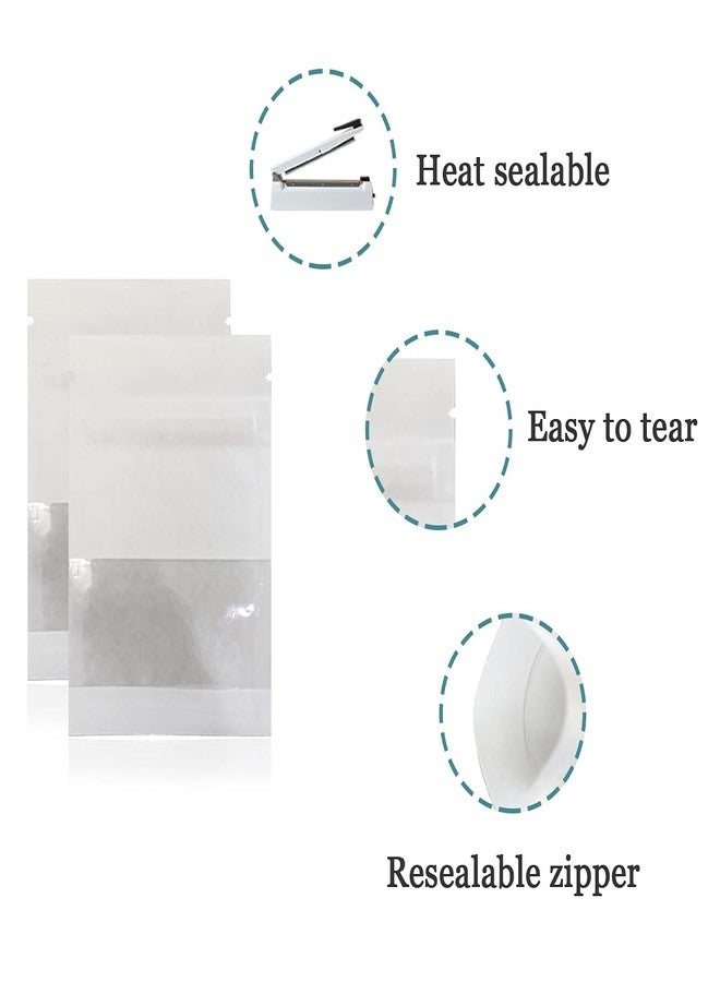FERENLI 100Pcs Kraft Paper Window Bags Smell Proof Food Storage Pouch Flat for Zip Resealable Lock Candy Coffee Beans Packaging Bag with Tear Notches (7x9cm (2.8x3.5 inch), White) - Image 2