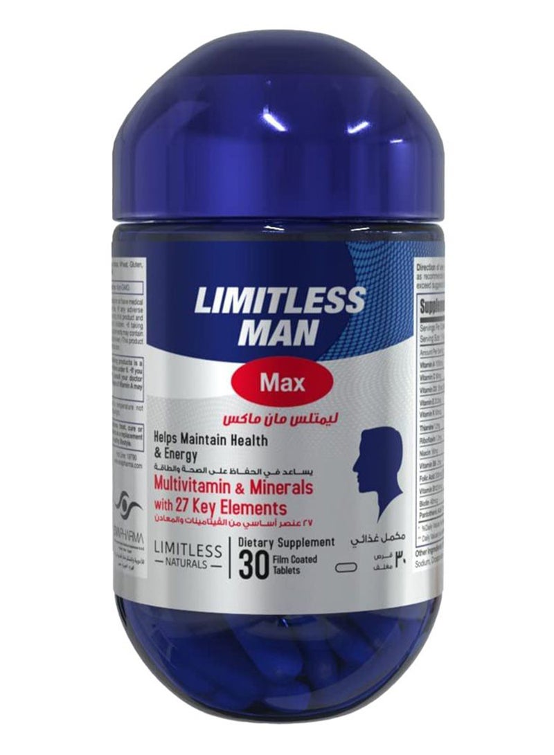 LIMITLESS حبوب مان ماكس المتعددة الفيتامينات والمعادن 30 حبة - Image 1