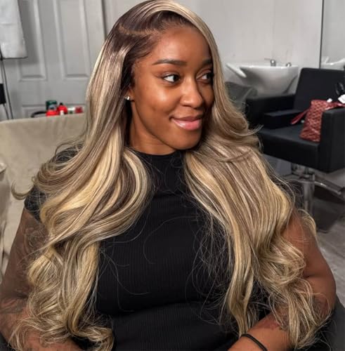 Rina 13x6 Ombre Milk Tea Ash Blonde with Brown Highlights Lace Front Wig Human Hair 210 Density Upgreads Ombre Roots Ash Blonde Highlights Brown Wigs Pre Plucked 13x6 Hd Lace Wig for Women 26 Inch - Image 1