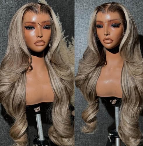 Rina 13x6 Ombre Milk Tea Ash Blonde with Brown Highlights Lace Front Wig Human Hair 210 Density Upgreads Ombre Roots Ash Blonde Highlights Brown Wigs Pre Plucked 13x6 Hd Lace Wig for Women 26 Inch - Image 3
