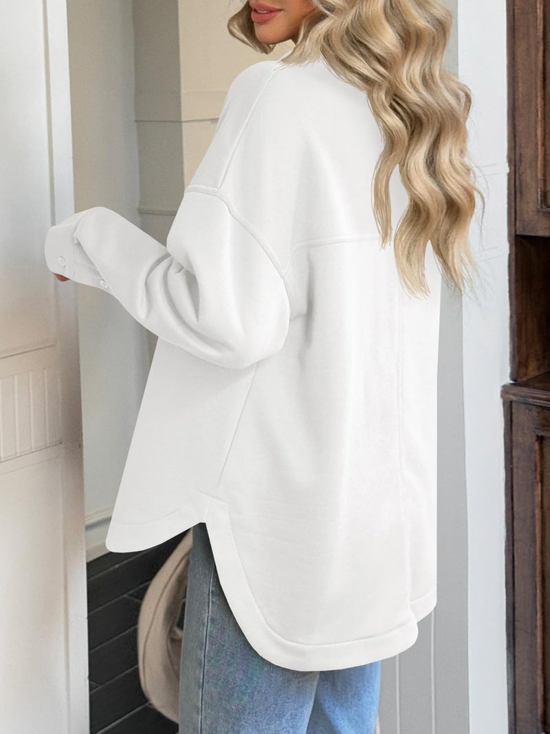 Fisoew Womens Oversized Sweatshirt Casual Long Sleeve Henley V Neck Pullover Tops Fall Outfits Clothes White - Image 3