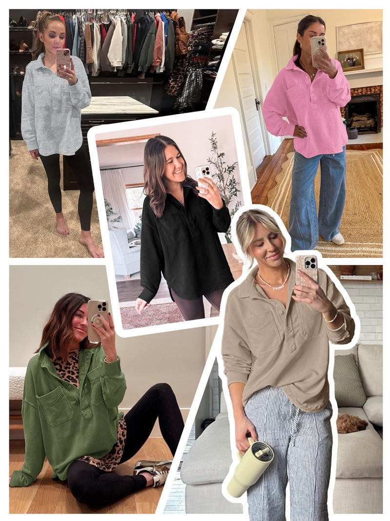 Fisoew Womens Oversized Sweatshirt Casual Long Sleeve Henley V Neck Pullover Tops Fall Outfits Clothes White - Image 4