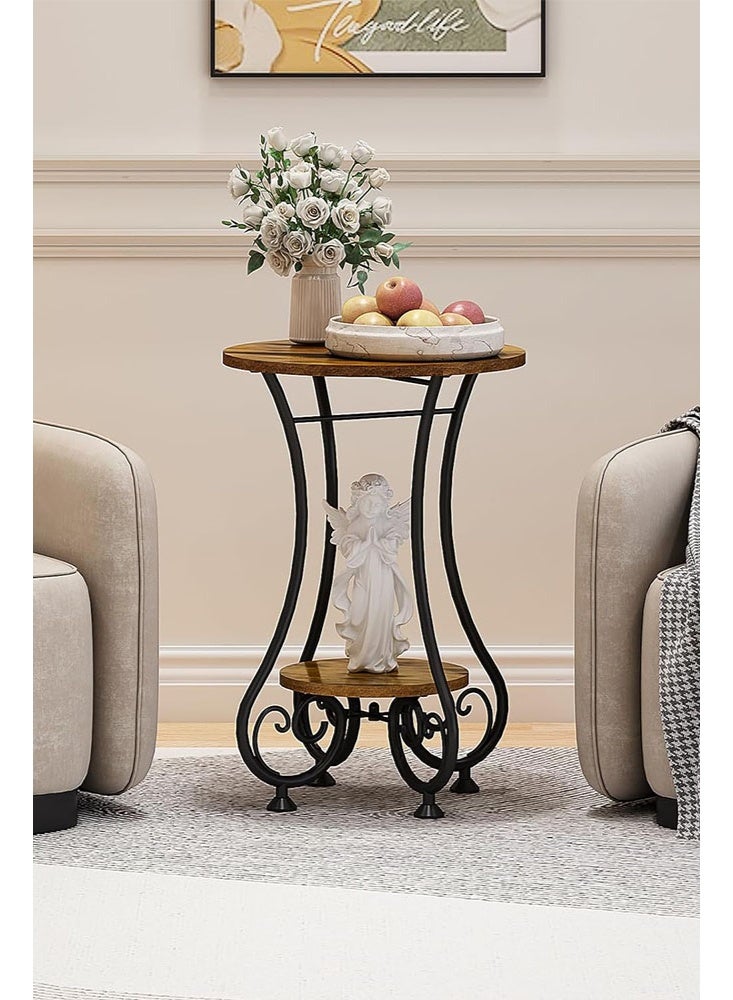 سولاكان طاولة جانبية دائرية، طاولة قهوة أو شاي للمساحات الصغيرة، تصلح كطاولة جانبية أو منضدة ليلية وديكور منزلي لغرفة المعيشة أو الشرفة أو غرفة النوم أو المكتب، باللون البني الريفي والأسود، الأبعاد: ‎15.75" طول × 15.75" عرض × 24.0" ارتفاع - Image 3