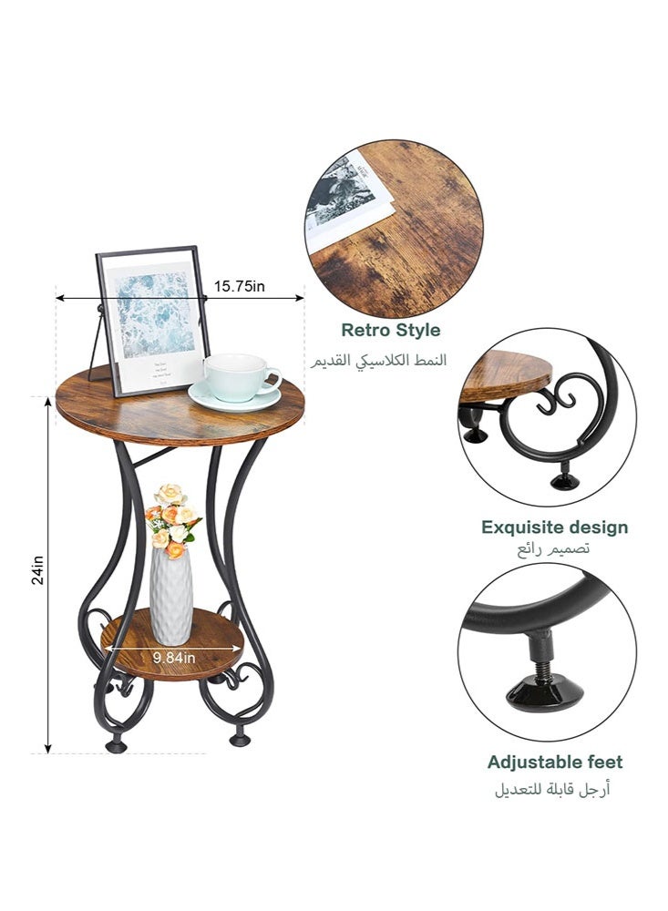 سولاكان طاولة جانبية دائرية، طاولة قهوة أو شاي للمساحات الصغيرة، تصلح كطاولة جانبية أو منضدة ليلية وديكور منزلي لغرفة المعيشة أو الشرفة أو غرفة النوم أو المكتب، باللون البني الريفي والأسود، الأبعاد: ‎15.75" طول × 15.75" عرض × 24.0" ارتفاع - Image 2