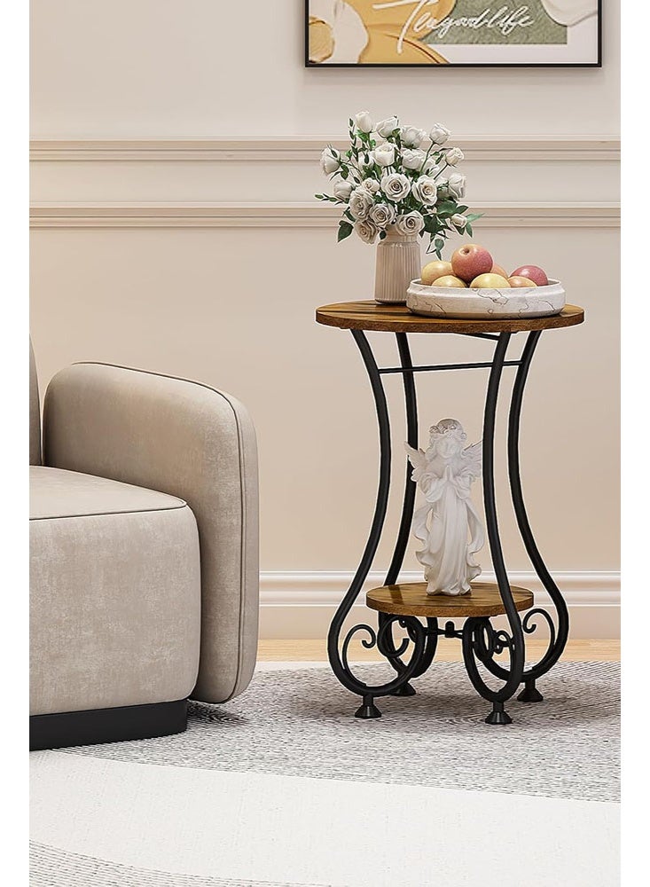 سولاكان طاولة جانبية دائرية، طاولة قهوة أو شاي للمساحات الصغيرة، تصلح كطاولة جانبية أو منضدة ليلية وديكور منزلي لغرفة المعيشة أو الشرفة أو غرفة النوم أو المكتب، باللون البني الريفي والأسود، الأبعاد: ‎15.75" طول × 15.75" عرض × 24.0" ارتفاع - Image 5