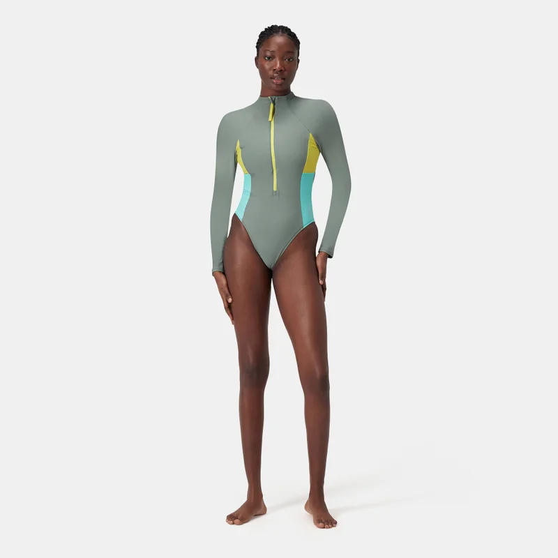 speedo Green Women's Zip Colourblock One-Piece Swimsuit for Women | Best Price UAE