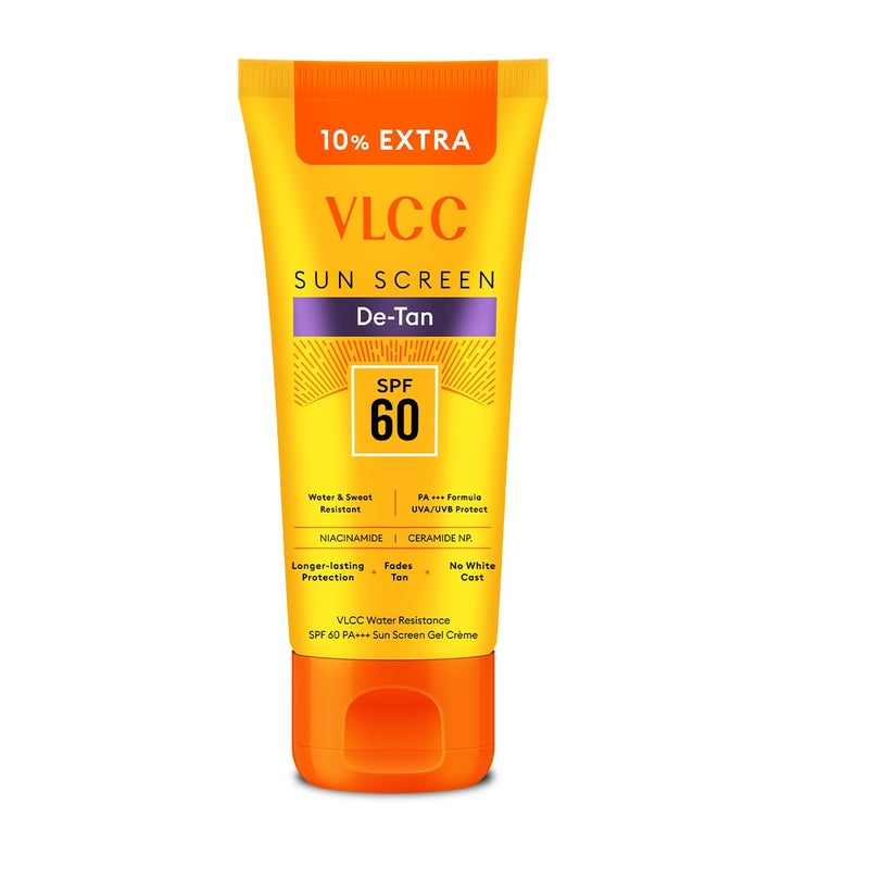 VLCC DeTan Water Resistant SPF 60 PA Sunscreen Gel Crme 100g 10g Extra With Niacinamide Ceramides Vitamin E Protects from UVA UVB Rays Sun Damage Skin Darkening and Premature Ageing - Image 1