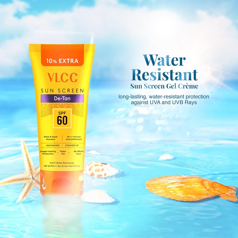VLCC DeTan Water Resistant SPF 60 PA Sunscreen Gel Crme 100g 10g Extra With Niacinamide Ceramides Vitamin E Protects from UVA UVB Rays Sun Damage Skin Darkening and Premature Ageing - Image 3