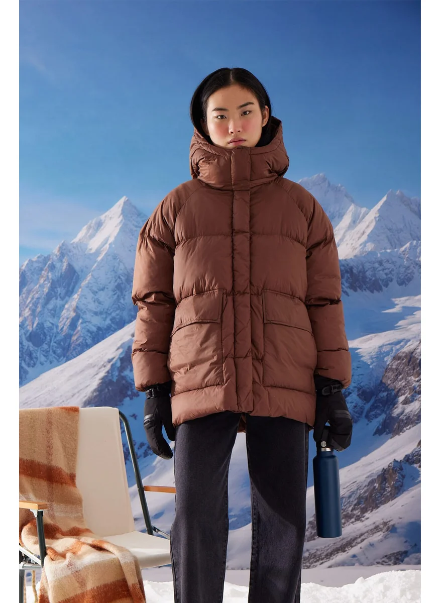 Manuka Oversize Pocketed Puffer Jacket Brown