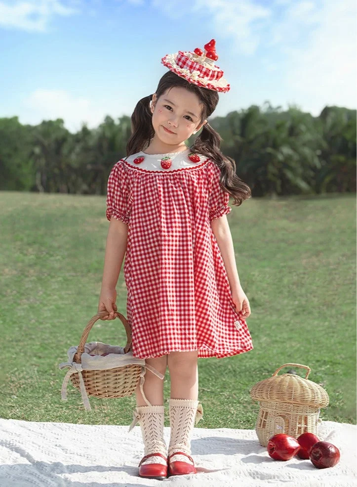 يوهيول فستان بناتي قطن بنقشة مربعات مع تطريز فراولة