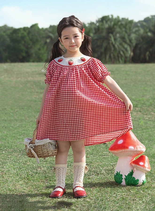 Yoehyaul Girls Cotton Gingham Dress with Strawberry Embroidery - Image 1