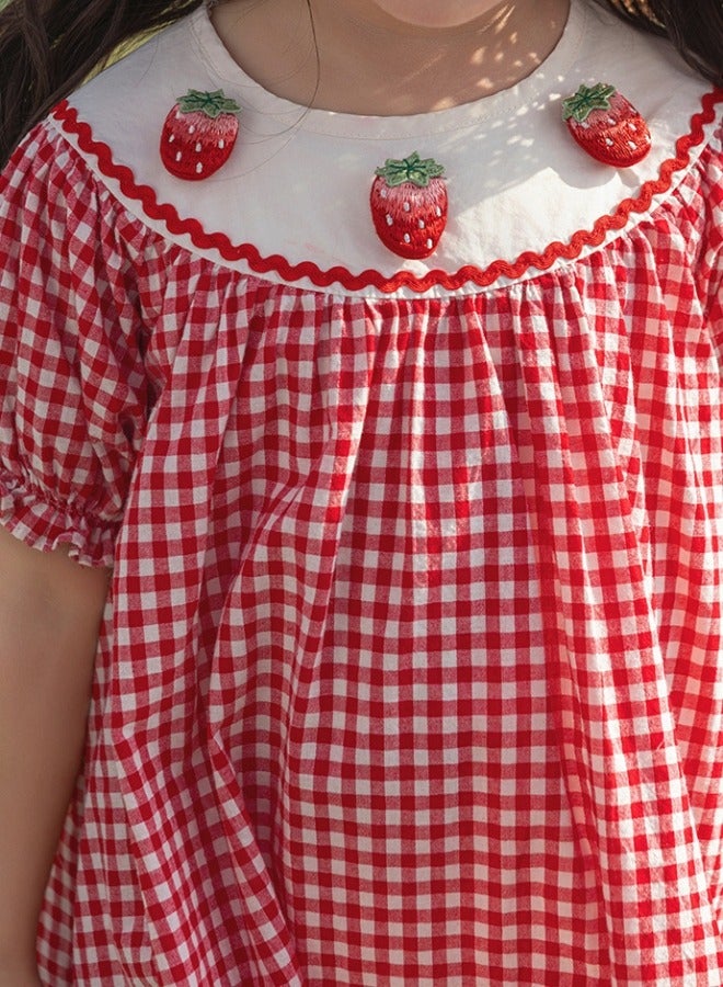 Yoehyaul Girls Cotton Gingham Dress with Strawberry Embroidery - Image 4