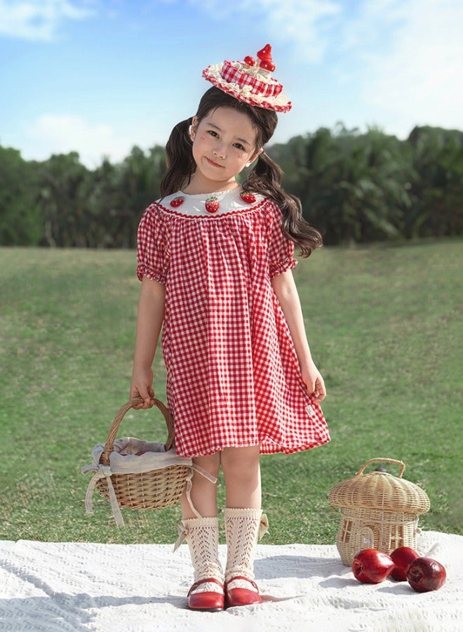 Yoehyaul Girls Cotton Gingham Dress with Strawberry Embroidery - Image 3
