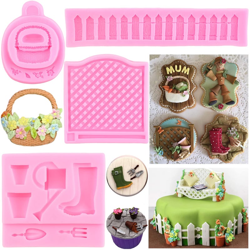 ZiXiang Garden Picket Fence Silicone Molds Flower Basket Fondant Molds Gardening Tools Kettle Flower Pot Rain Boots Molds For Cake Decorating Candy Clay Chocolate Gum Paste Set Of 4 - Image 1