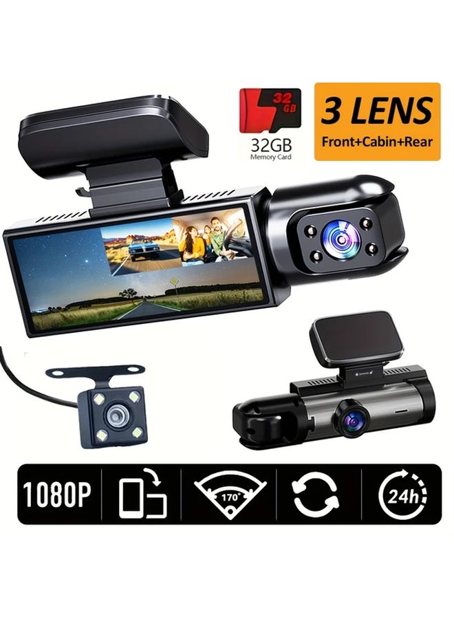 3 Channel 1080P Dash Cam D50S Front 1080P Inside 720P Rear 720P Car Video Recorder With 24H Parking Mode And Free 32GB SD Card - Image 1