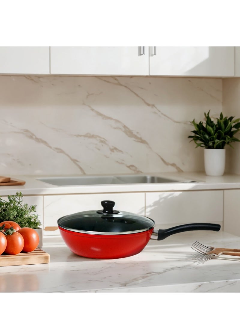 مقلاة ألمنيوم 28×7.5 سم، أحمر (سطح غير لاصق، طهي موفر للطاقة، متوافق مع المواقد الكهربائية والسيراميك الزجاجي والغاز والحث | مقابض بلمسة نهائية خشبية، أغطية زجاجية مقواة، خالية من حمض بيرفلورو الأوكتانويك | مقلاة مع غطاء مقلاة شواء أدوات المطبخ) - Image 2