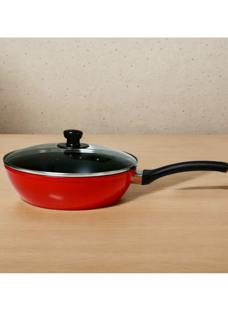 مقلاة ألمنيوم 28×7.5 سم، أحمر (سطح غير لاصق، طهي موفر للطاقة، متوافق مع المواقد الكهربائية والسيراميك الزجاجي والغاز والحث | مقابض بلمسة نهائية خشبية، أغطية زجاجية مقواة، خالية من حمض بيرفلورو الأوكتانويك | مقلاة مع غطاء مقلاة شواء أدوات المطبخ) - Image 1