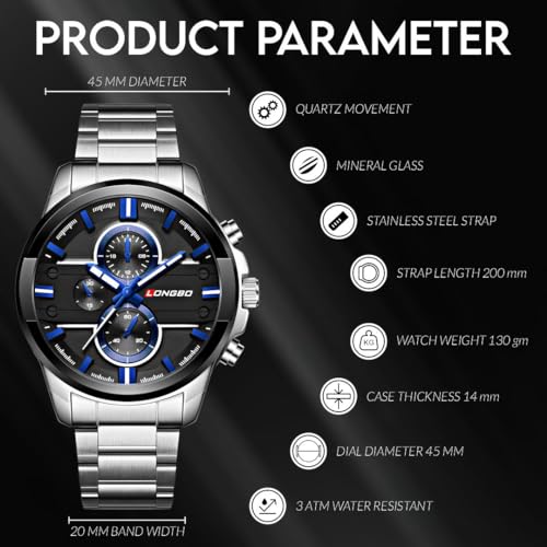 LONGBO Silver Business Casual Stainless Steel Decorative Subdials Luminous Hands Big Black Dial Scratch Resistant Waterproof Analogue Watch for Men and Boys - Image 5