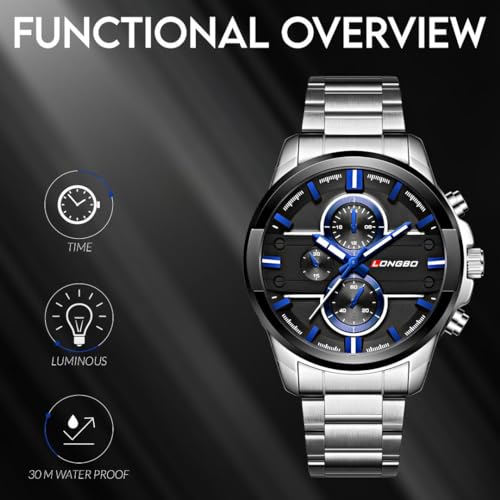 LONGBO Silver Business Casual Stainless Steel Decorative Subdials Luminous Hands Big Black Dial Scratch Resistant Waterproof Analogue Watch for Men and Boys - Image 4