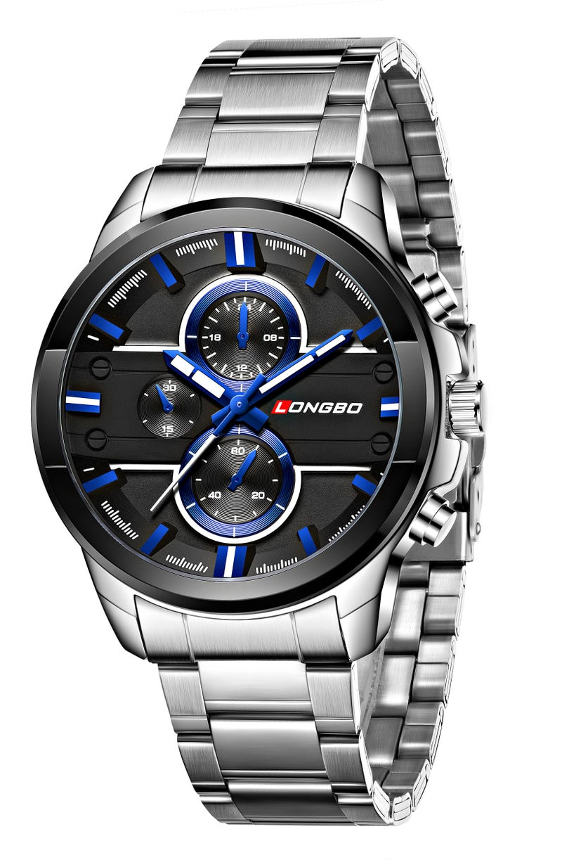 LONGBO Silver Business Casual Stainless Steel Decorative Subdials Luminous Hands Big Black Dial Scratch Resistant Waterproof Analogue Watch for Men and Boys - Image 1