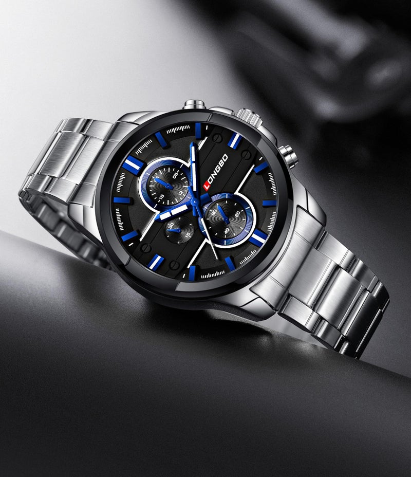 LONGBO Silver Business Casual Stainless Steel Decorative Subdials Luminous Hands Big Black Dial Scratch Resistant Waterproof Analogue Watch for Men and Boys - Image 2