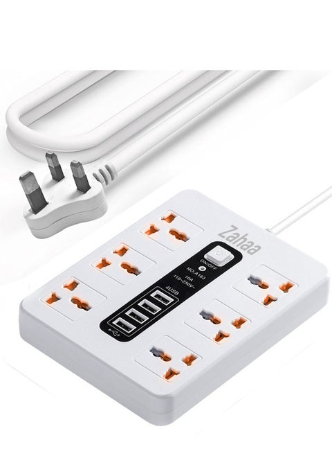 10 in 1 Universal Extension Cord with 6 Power Socket and 4 USB Slots, 6 Way Power Strip with USB Charging slot Extension Lead 2 meter  White