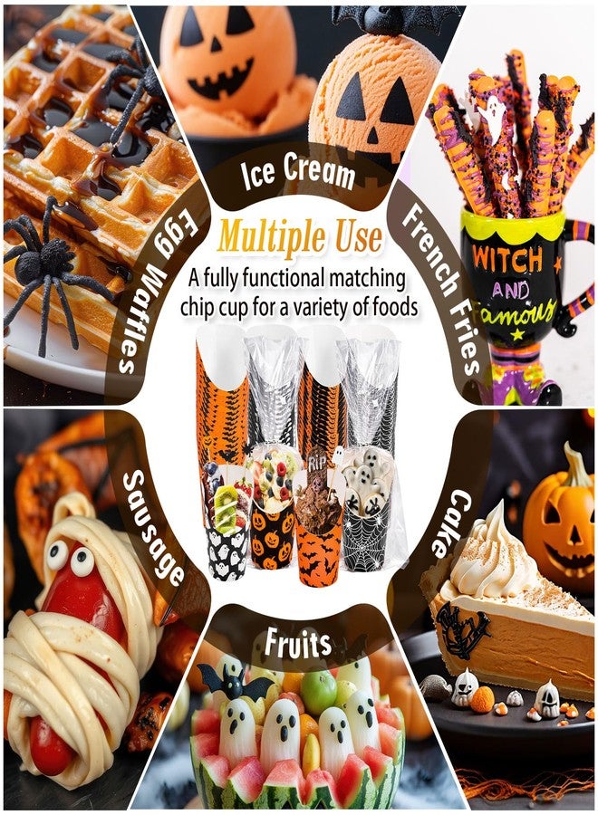 Whaline أكواب تشاركتوري هالوين من واهلين 100 مجموعة مع عصي وأكياس وروابط ملتوية 14 أونصة باللون الأسود والبرتقالي مع أشباح وقرع وخفافيش وشبكة العنكبوت لحامل البطاطس المقلية لمستلزمات حفلات الخدع أو الحلوى - Image 4