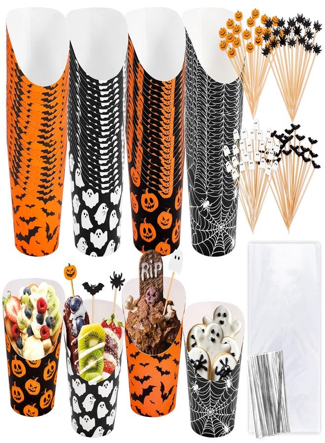 Whaline أكواب تشاركتوري هالوين من واهلين 100 مجموعة مع عصي وأكياس وروابط ملتوية 14 أونصة باللون الأسود والبرتقالي مع أشباح وقرع وخفافيش وشبكة العنكبوت لحامل البطاطس المقلية لمستلزمات حفلات الخدع أو الحلوى - Image 1