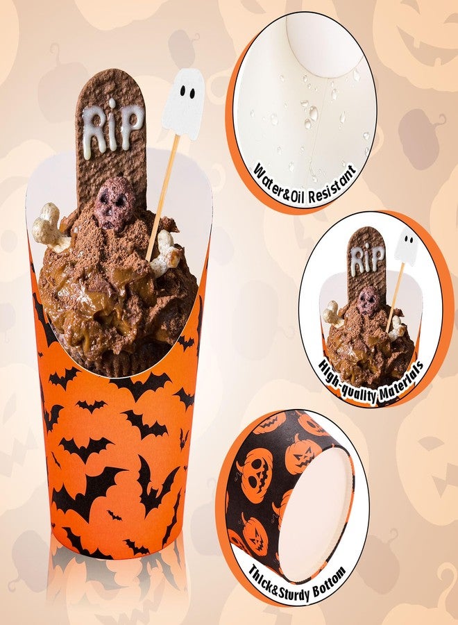 Whaline أكواب تشاركتوري هالوين من واهلين 100 مجموعة مع عصي وأكياس وروابط ملتوية 14 أونصة باللون الأسود والبرتقالي مع أشباح وقرع وخفافيش وشبكة العنكبوت لحامل البطاطس المقلية لمستلزمات حفلات الخدع أو الحلوى - Image 3