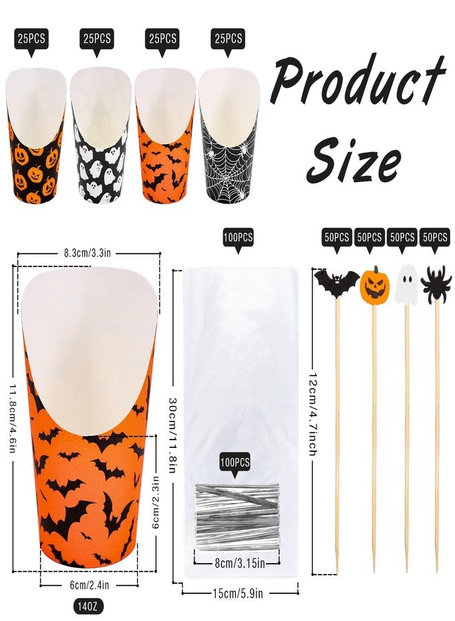 Whaline أكواب تشاركتوري هالوين من واهلين 100 مجموعة مع عصي وأكياس وروابط ملتوية 14 أونصة باللون الأسود والبرتقالي مع أشباح وقرع وخفافيش وشبكة العنكبوت لحامل البطاطس المقلية لمستلزمات حفلات الخدع أو الحلوى - Image 2