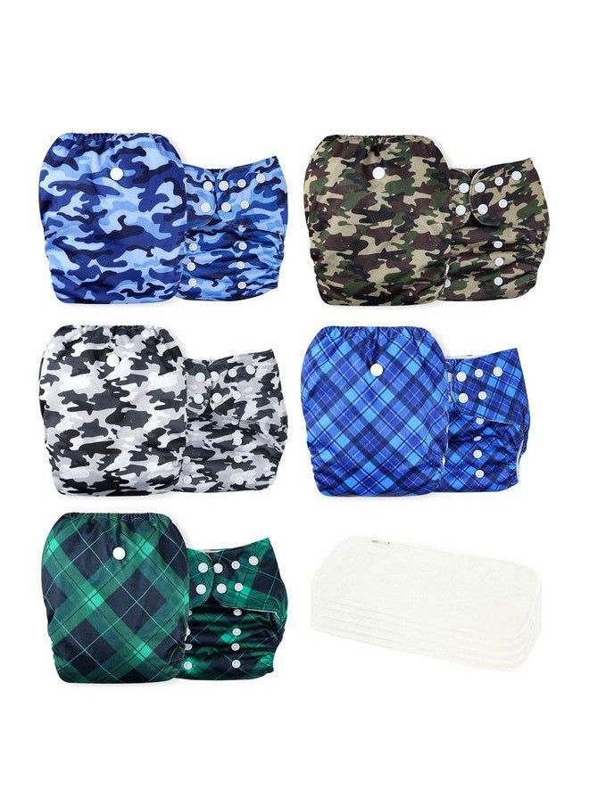 Wegreeco - Washable Reusable Baby Cloth Pocket Diapers 5 Pack + 5 Bamboo Inserts (Camo & Plaid) One Size - Image 1