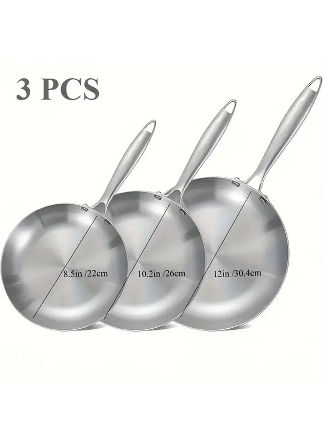 3 Pieces Stainless Steel Frying Pan Set Three Layer Professional Kitchen Cookware Induction Compatible Mirror Polished Chef Pan 8 10 12 Inch Oven Dishwasher Safe Non Stick Cooking Pots - Image 1