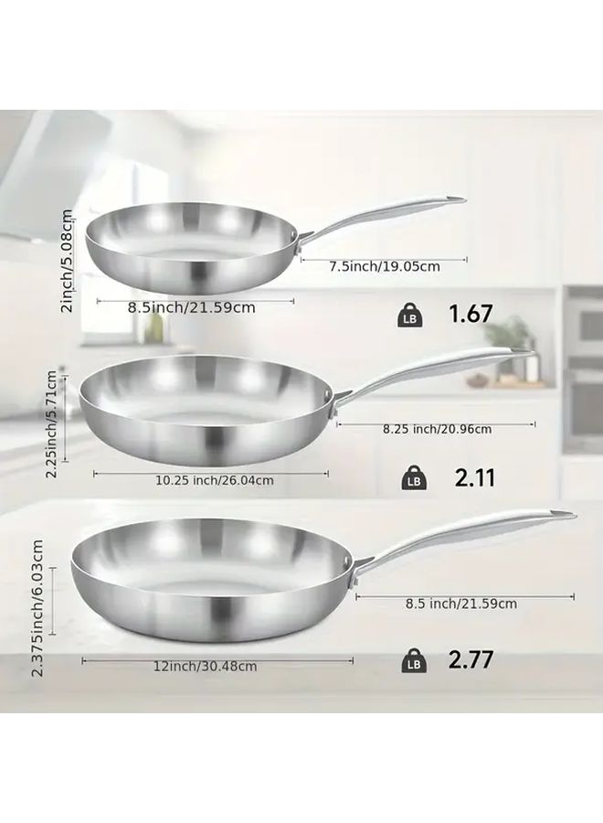 3 Pieces Stainless Steel Frying Pan Set Three Layer Professional Kitchen Cookware Induction Compatible Mirror Polished Chef Pan 8 10 12 Inch Oven Dishwasher Safe Non Stick Cooking Pots - Image 3