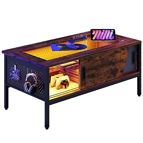 Bestier 42 Inch LED Coffee Table with Storage Glass Coffee Tables for Living Room with Sliding Doors Black Living Room Center Table