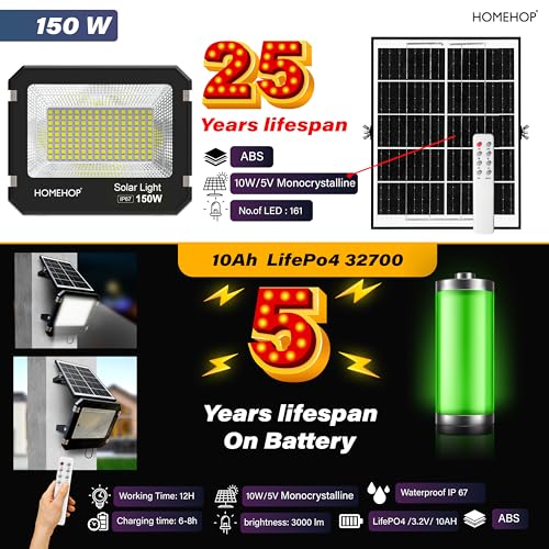 Homehop Solar Light Outdoor Home Waterproof 150 Watt Wireless Automatic Flood Led Wall Lamp for Pathway, Garden,Balcony,Lawn,Patio (10 Ah,ABS, Cool White) - Image 3