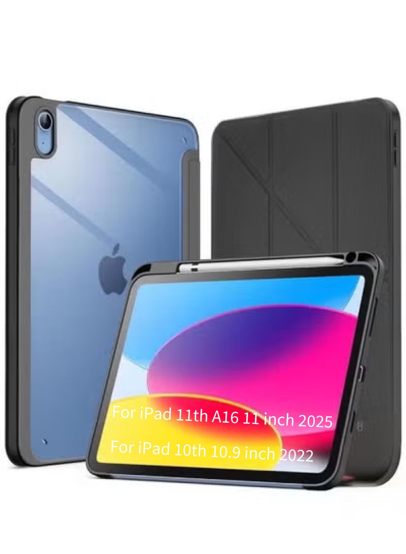 روك بو حافظة لجهاز iPad 11th A16 11 بوصة 2025 حافظة لجهاز iPad 10th 10.9 بوصة 2022 غطاء خلفي شفاف شفاف مع حامل قلم رصاص وغطاء حافظة مع خاصية السكون/التنشيط التلقائي - Image 1