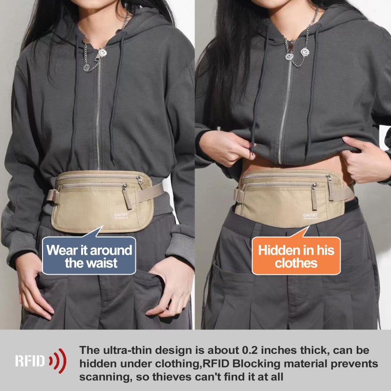 DAITET Money Belt - Passport Holder Secure Hidden Travel Wallet with RFID Blocking, Undercover Fanny Pack (Beige) - Image 2