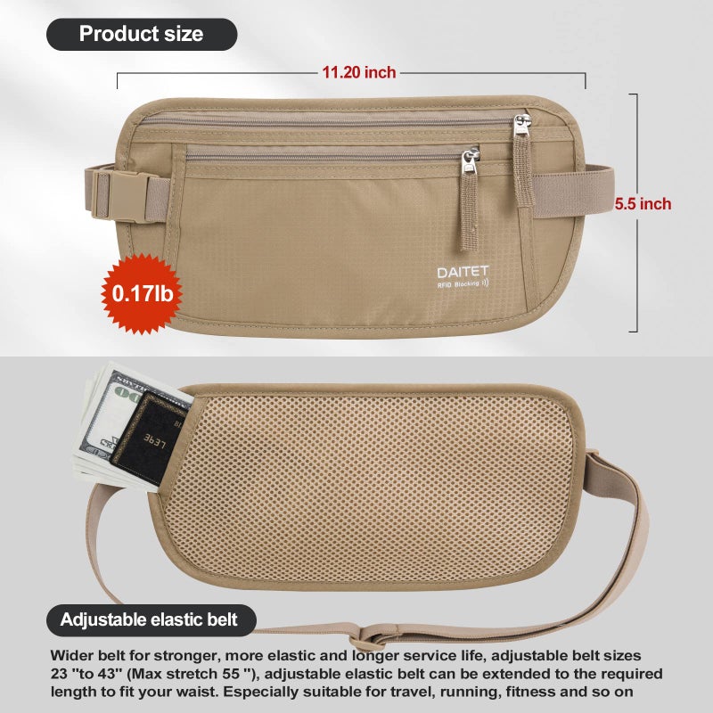 DAITET Money Belt - Passport Holder Secure Hidden Travel Wallet with RFID Blocking, Undercover Fanny Pack (Beige) - Image 4