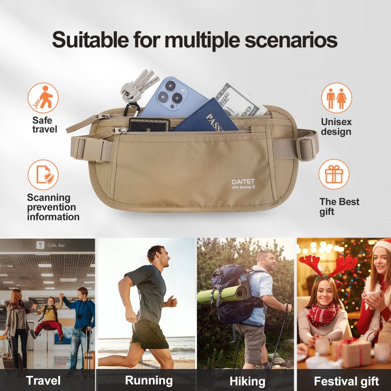 DAITET Money Belt - Passport Holder Secure Hidden Travel Wallet with RFID Blocking, Undercover Fanny Pack (Beige) - Image 5