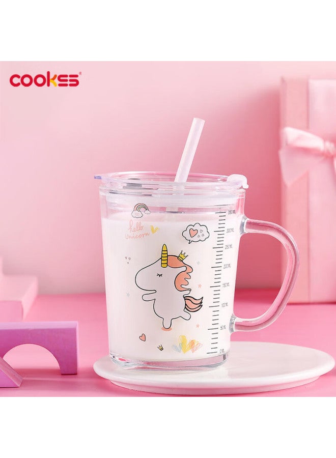 Cookss Children's Milk Cup, Glass Cup For Home Use, Drinking Cup With Scale, Straw Cup, Baby Formula Mixing Cup, Unicorn Design - Image 1